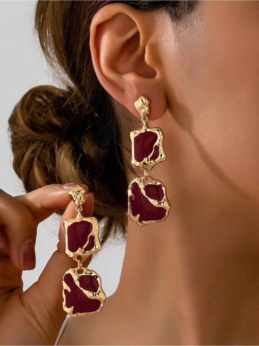 Gold Plated Earrings with Burgundy Enamel Drops